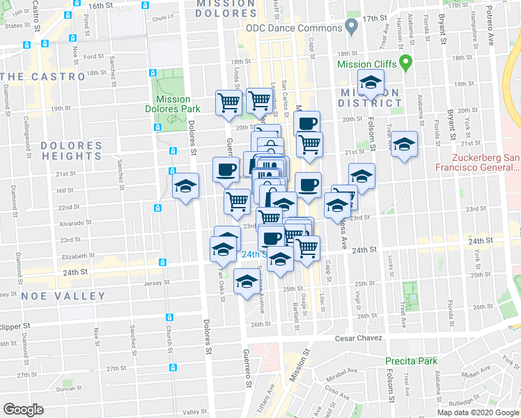 map of restaurants, bars, coffee shops, grocery stores, and more near 2 Alvarado Street in San Francisco