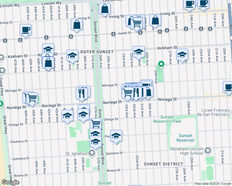 map of restaurants, bars, coffee shops, grocery stores, and more near 1719 34th Avenue in San Francisco