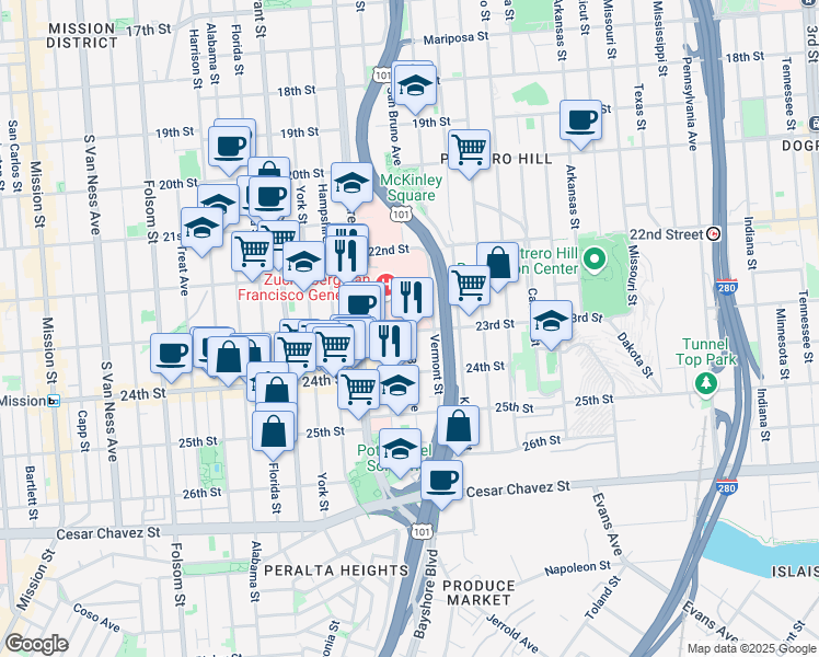 map of restaurants, bars, coffee shops, grocery stores, and more near 2500 23rd Street in San Francisco
