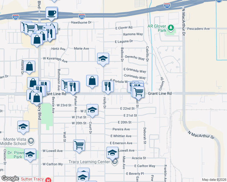 map of restaurants, bars, coffee shops, grocery stores, and more near 2514 Holly Drive in Tracy