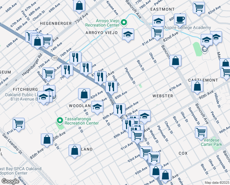 map of restaurants, bars, coffee shops, grocery stores, and more near 1460 84th Avenue in Oakland