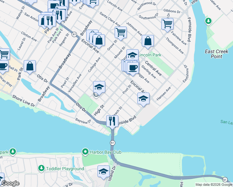 map of restaurants, bars, coffee shops, grocery stores, and more near 1200 High Street in Alameda