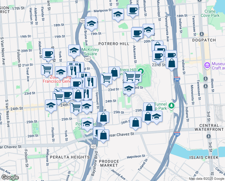 map of restaurants, bars, coffee shops, grocery stores, and more near 1185 Rhode Island Street in San Francisco
