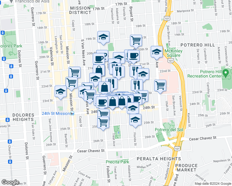 map of restaurants, bars, coffee shops, grocery stores, and more near 2887 22nd Street in San Francisco