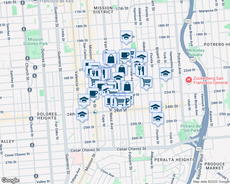 map of restaurants, bars, coffee shops, grocery stores, and more near 825 Shotwell Street in San Francisco