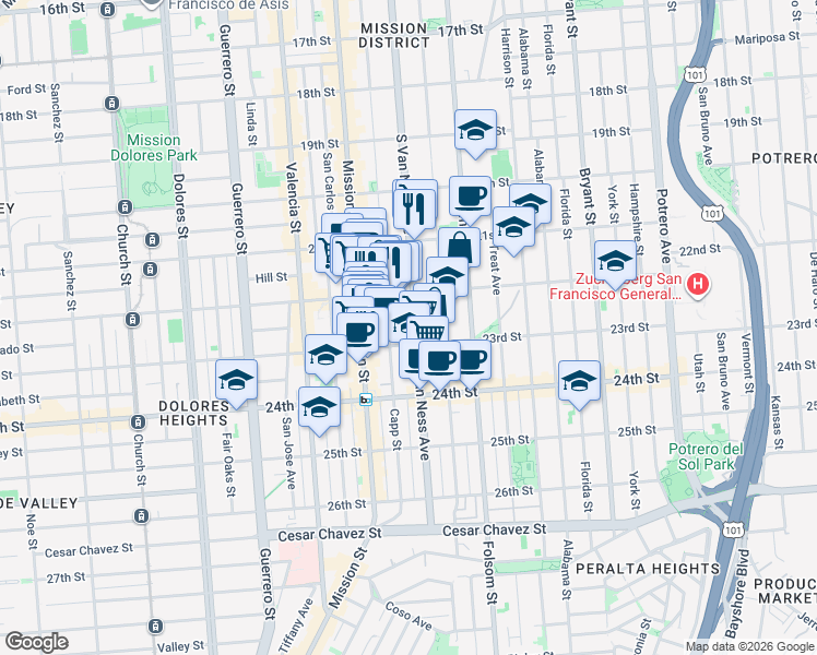map of restaurants, bars, coffee shops, grocery stores, and more near 1136 South Van Ness Avenue in San Francisco
