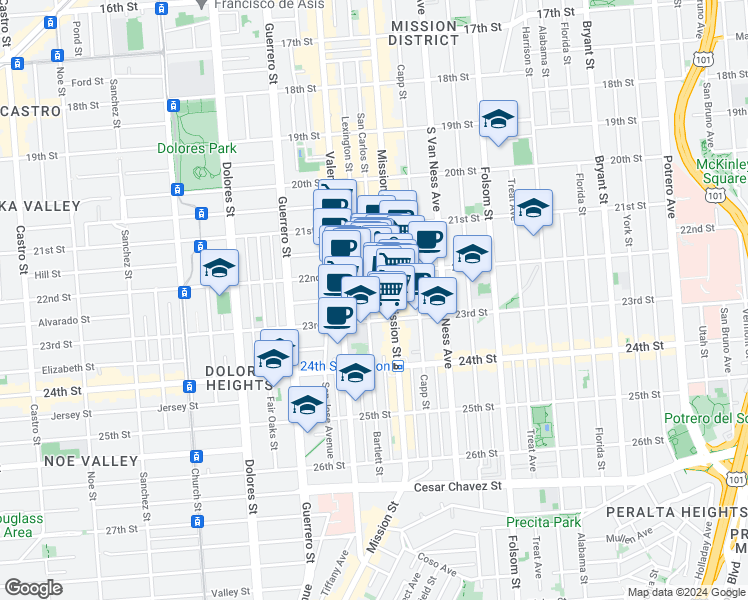 map of restaurants, bars, coffee shops, grocery stores, and more near 2620-2624 Mission Street in San Francisco