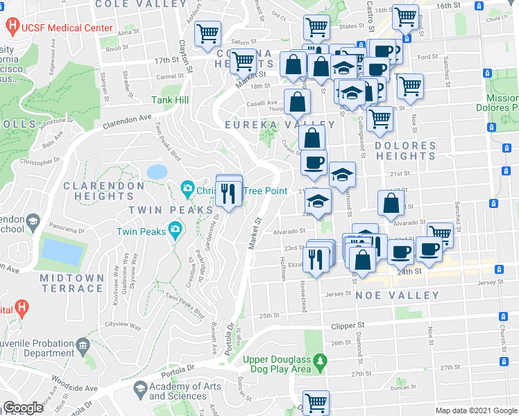 map of restaurants, bars, coffee shops, grocery stores, and more near 3678 Market Street in San Francisco