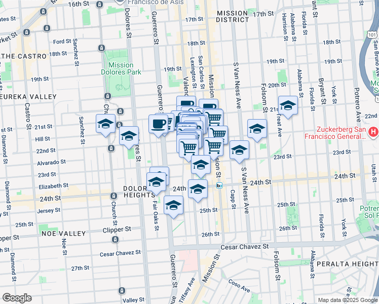 map of restaurants, bars, coffee shops, grocery stores, and more near 1184 Valencia Street in San Francisco