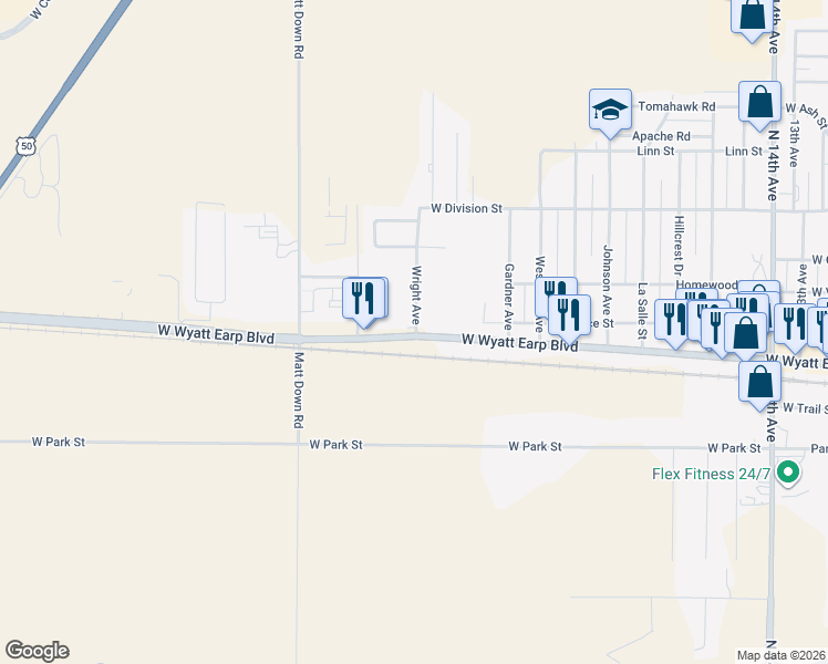 map of restaurants, bars, coffee shops, grocery stores, and more near 799 Wright Ave in Dodge City