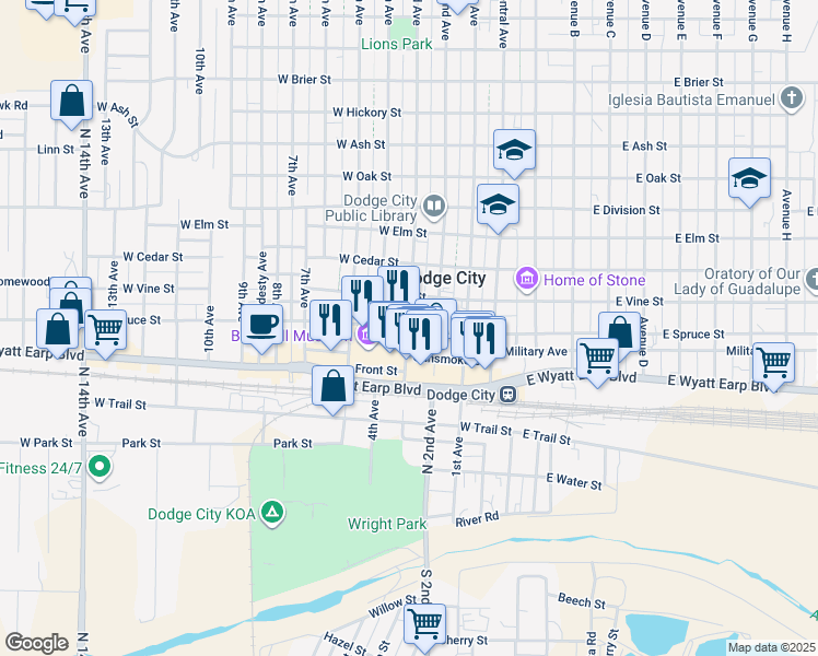 map of restaurants, bars, coffee shops, grocery stores, and more near 700 3rd Avenue in Dodge City