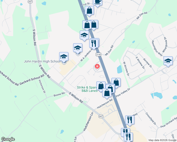 map of restaurants, bars, coffee shops, grocery stores, and more near 116 Warwick Circle in Elizabethtown