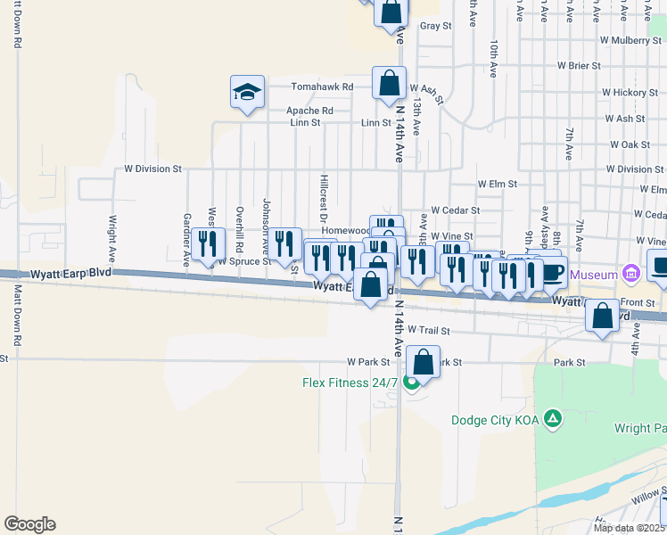 map of restaurants, bars, coffee shops, grocery stores, and more near 1610 West Wyatt Earp Boulevard in Dodge City