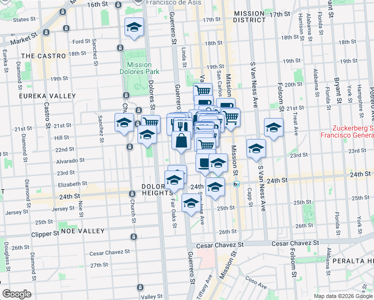 map of restaurants, bars, coffee shops, grocery stores, and more near 3373 22nd Street in San Francisco