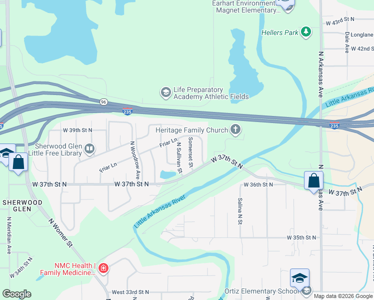 map of restaurants, bars, coffee shops, grocery stores, and more near 3928 North Somerset Street in Wichita