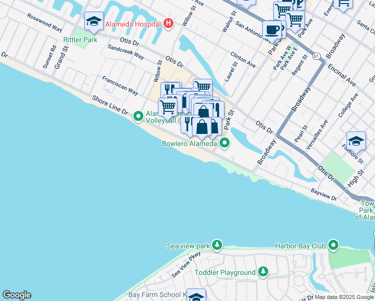 map of restaurants, bars, coffee shops, grocery stores, and more near 2281 Shore Line Drive in Alameda