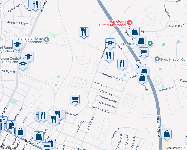 map of restaurants, bars, coffee shops, grocery stores, and more near 5020 South Cross Point Court in Richmond