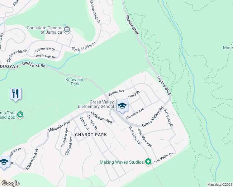 map of restaurants, bars, coffee shops, grocery stores, and more near 4704 Scotia Avenue in Oakland