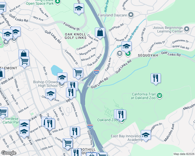 map of restaurants, bars, coffee shops, grocery stores, and more near 9716 Mountain Boulevard in Oakland