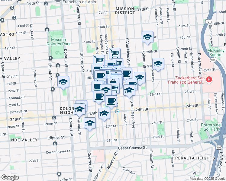 map of restaurants, bars, coffee shops, grocery stores, and more near 2654 Mission Street in San Francisco