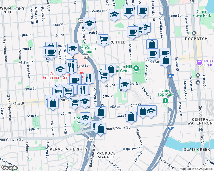 map of restaurants, bars, coffee shops, grocery stores, and more near 23rd St & Rhode Island St in San Francisco