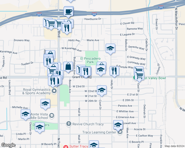 map of restaurants, bars, coffee shops, grocery stores, and more near 265 W Grant Line Rd in Tracy
