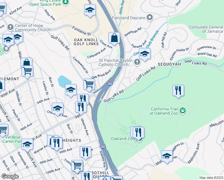 map of restaurants, bars, coffee shops, grocery stores, and more near 9690 Mountain Boulevard in Oakland
