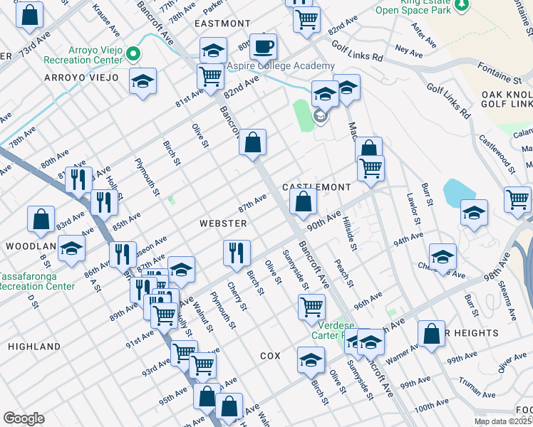 map of restaurants, bars, coffee shops, grocery stores, and more near 2129 88th Avenue in Oakland