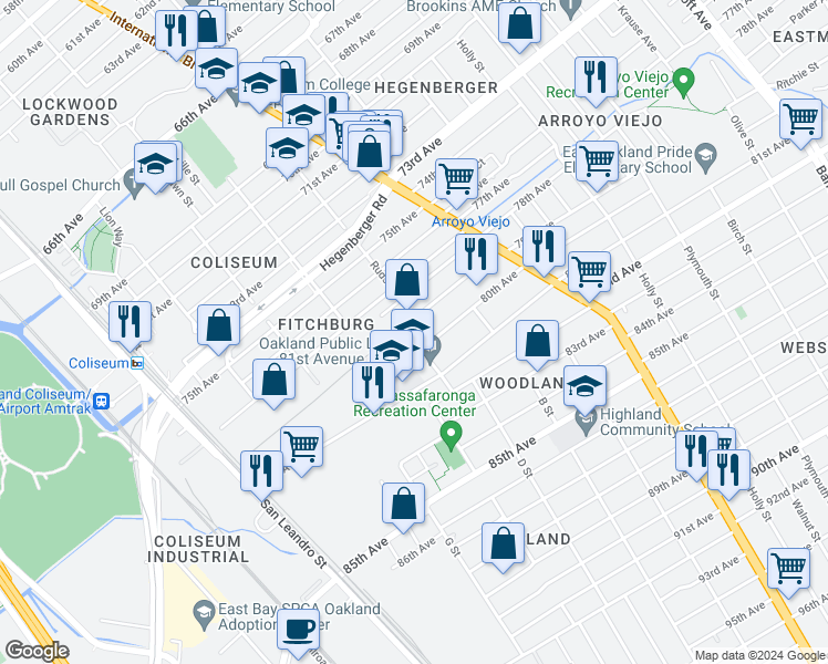 map of restaurants, bars, coffee shops, grocery stores, and more near 1212 79th Avenue in Oakland