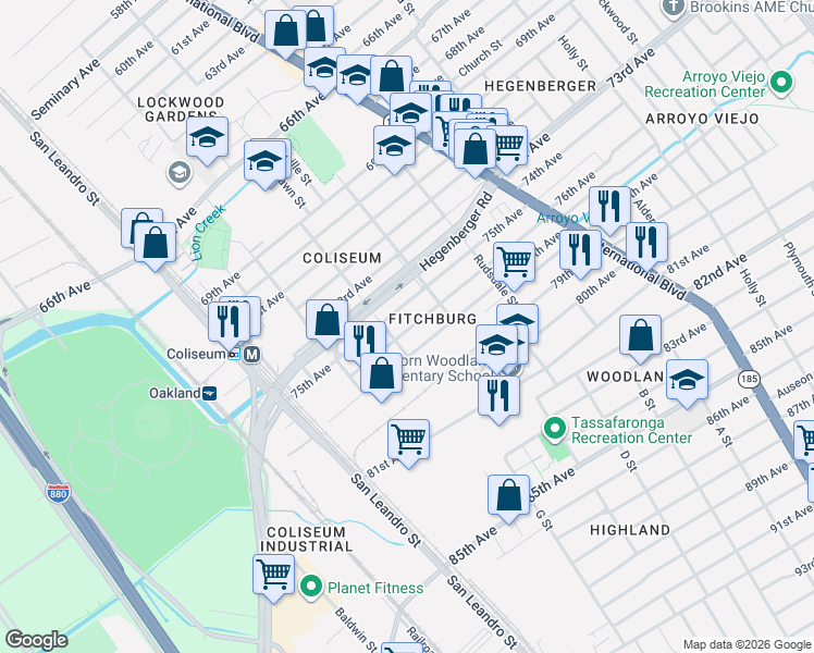 map of restaurants, bars, coffee shops, grocery stores, and more near 1057 76th Avenue in Oakland