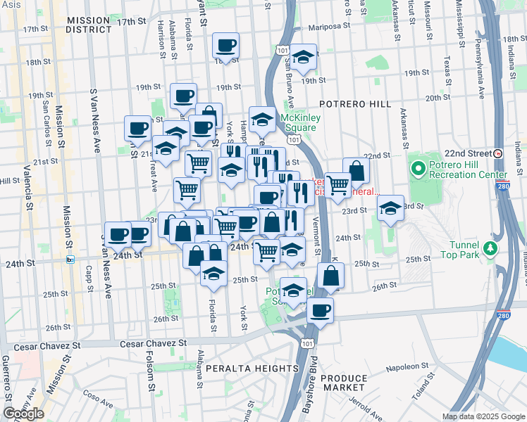 map of restaurants, bars, coffee shops, grocery stores, and more near 2500 23rd Street in San Francisco
