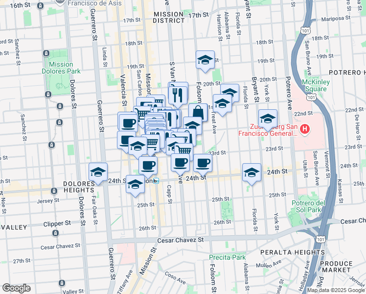 map of restaurants, bars, coffee shops, grocery stores, and more near 1136 South Van Ness Avenue in San Francisco