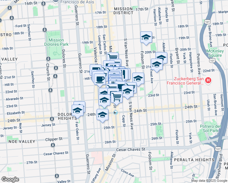 map of restaurants, bars, coffee shops, grocery stores, and more near 2619 Mission Street in San Francisco