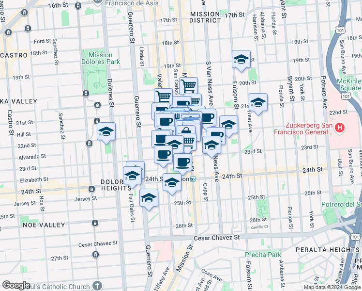 map of restaurants, bars, coffee shops, grocery stores, and more near 2620-2624 Mission Street in San Francisco