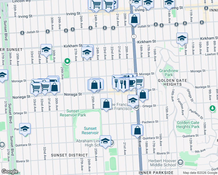 map of restaurants, bars, coffee shops, grocery stores, and more near 1751 23rd Avenue in San Francisco
