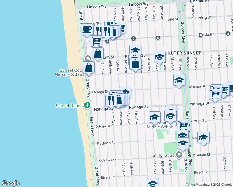 map of restaurants, bars, coffee shops, grocery stores, and more near 3922 Moraga Street in San Francisco