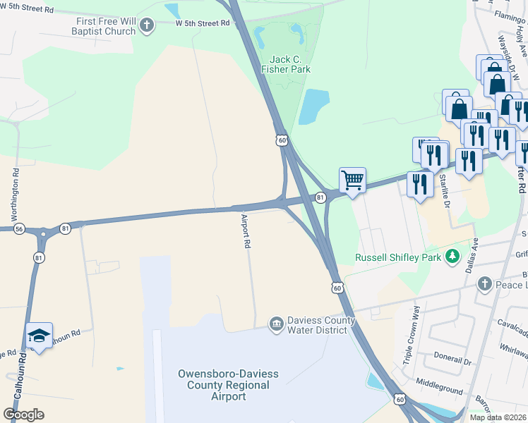 map of restaurants, bars, coffee shops, grocery stores, and more near West Parrish Avenue in Owensboro