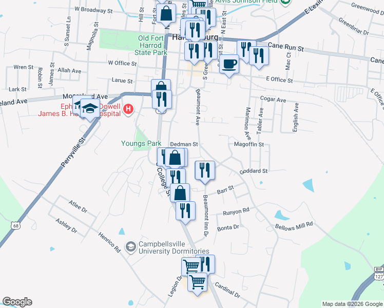 map of restaurants, bars, coffee shops, grocery stores, and more near 538 Aspen Hall Drive in Harrodsburg