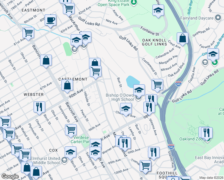 map of restaurants, bars, coffee shops, grocery stores, and more near 9301 Lawlor Street in Oakland
