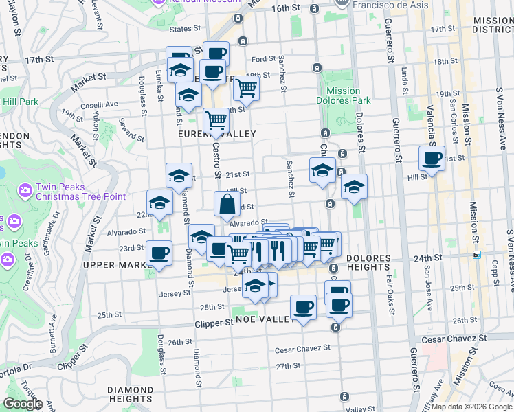 map of restaurants, bars, coffee shops, grocery stores, and more near 22nd St & Noe St in San Francisco