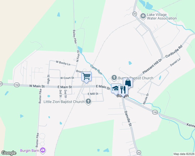map of restaurants, bars, coffee shops, grocery stores, and more near 211 East Court Street in Harrodsburg