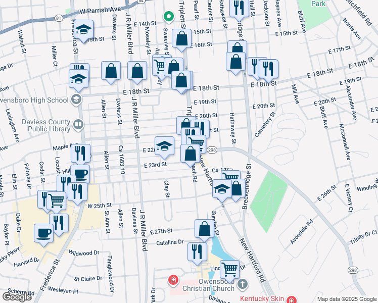 map of restaurants, bars, coffee shops, grocery stores, and more near 622 East 22nd Street in Owensboro
