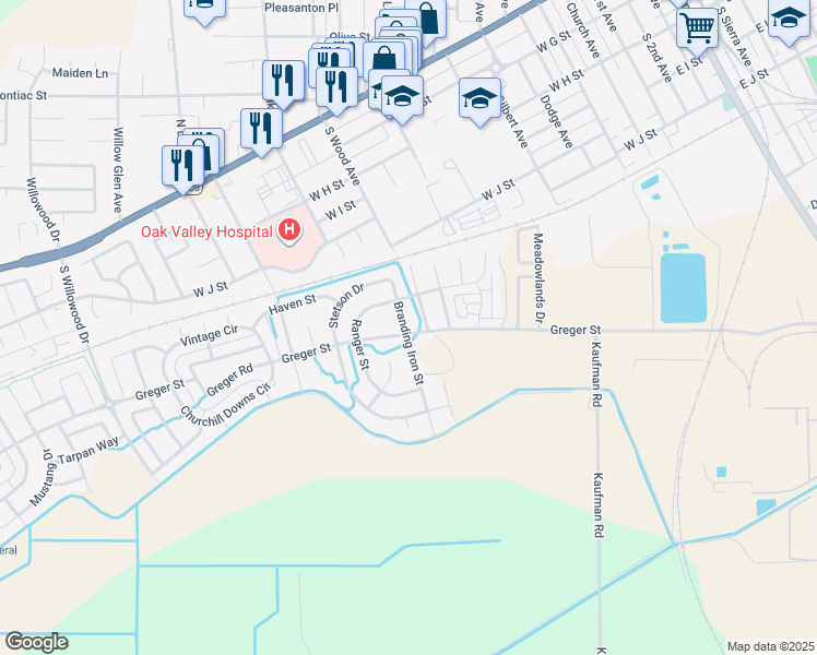 map of restaurants, bars, coffee shops, grocery stores, and more near 583 Branding Iron Street in Oakdale