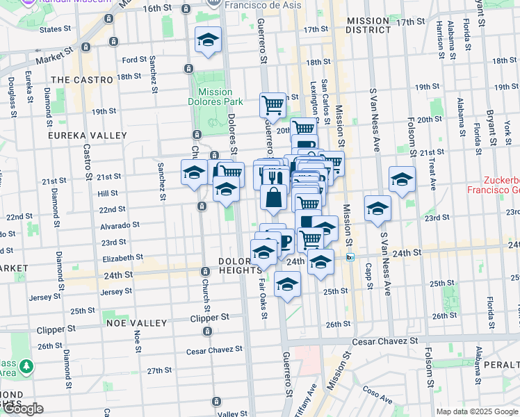 map of restaurants, bars, coffee shops, grocery stores, and more near 129 Fair Oaks Street in San Francisco