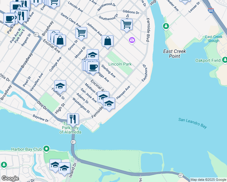 map of restaurants, bars, coffee shops, grocery stores, and more near 3284 Briggs Avenue in Alameda