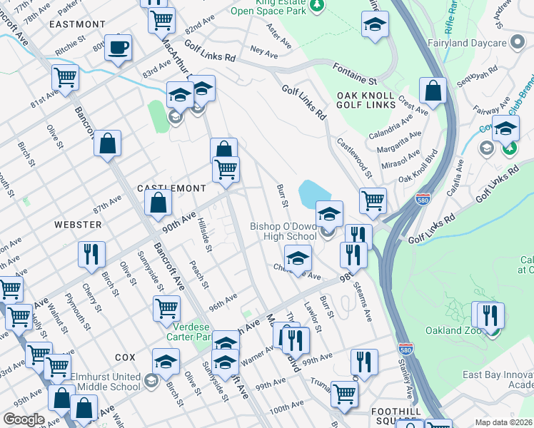 map of restaurants, bars, coffee shops, grocery stores, and more near 9301 Lawlor Street in Oakland