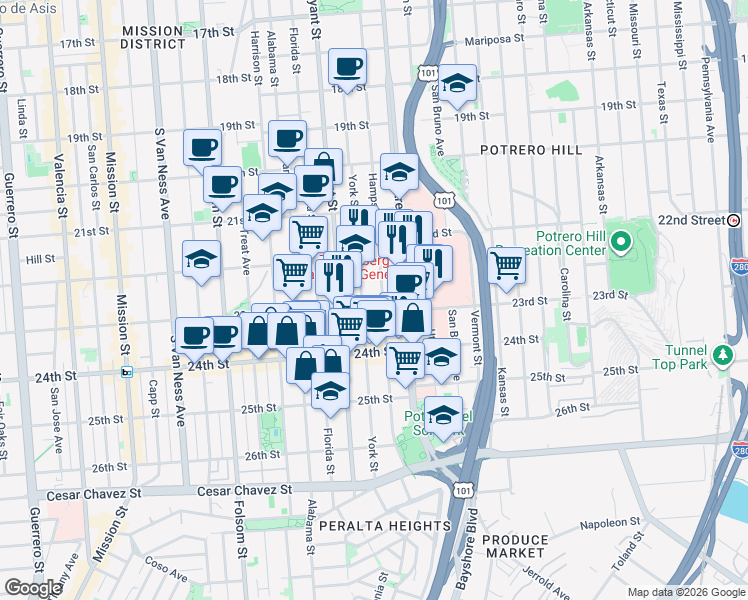 map of restaurants, bars, coffee shops, grocery stores, and more near 2770 23rd Street in San Francisco