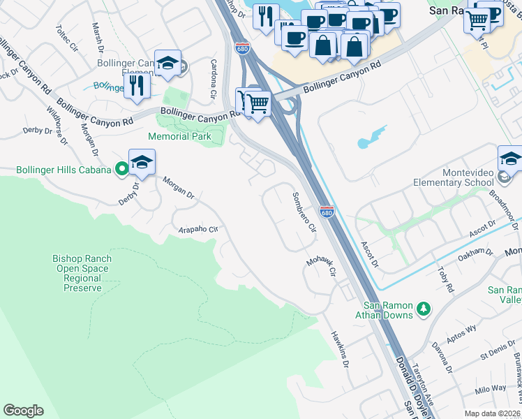 map of restaurants, bars, coffee shops, grocery stores, and more near 2928 Sombrero Circle in San Ramon