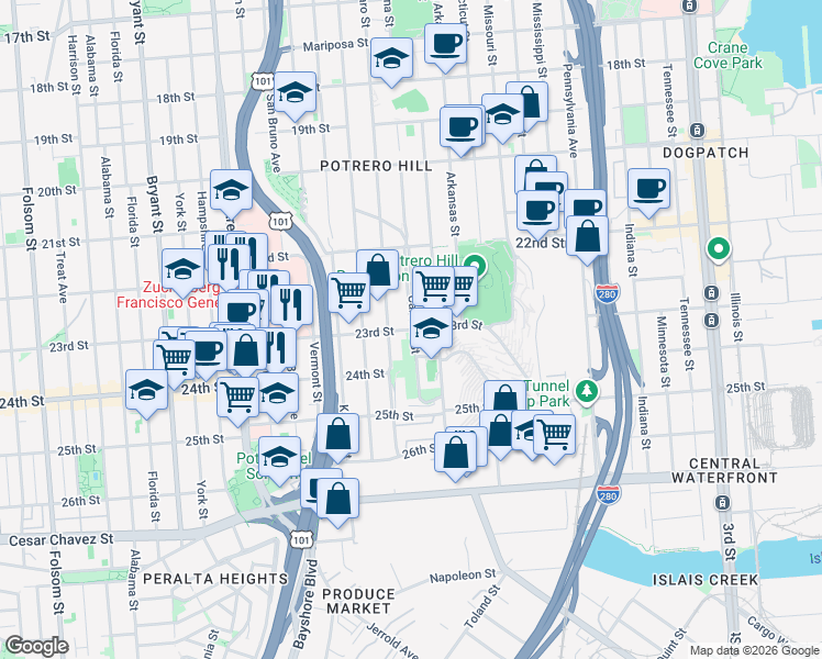 map of restaurants, bars, coffee shops, grocery stores, and more near 23rd St & Carolina St in San Francisco