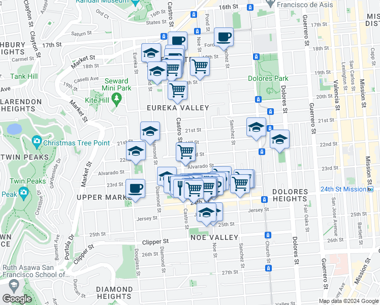 map of restaurants, bars, coffee shops, grocery stores, and more near 3870 22nd Street in San Francisco